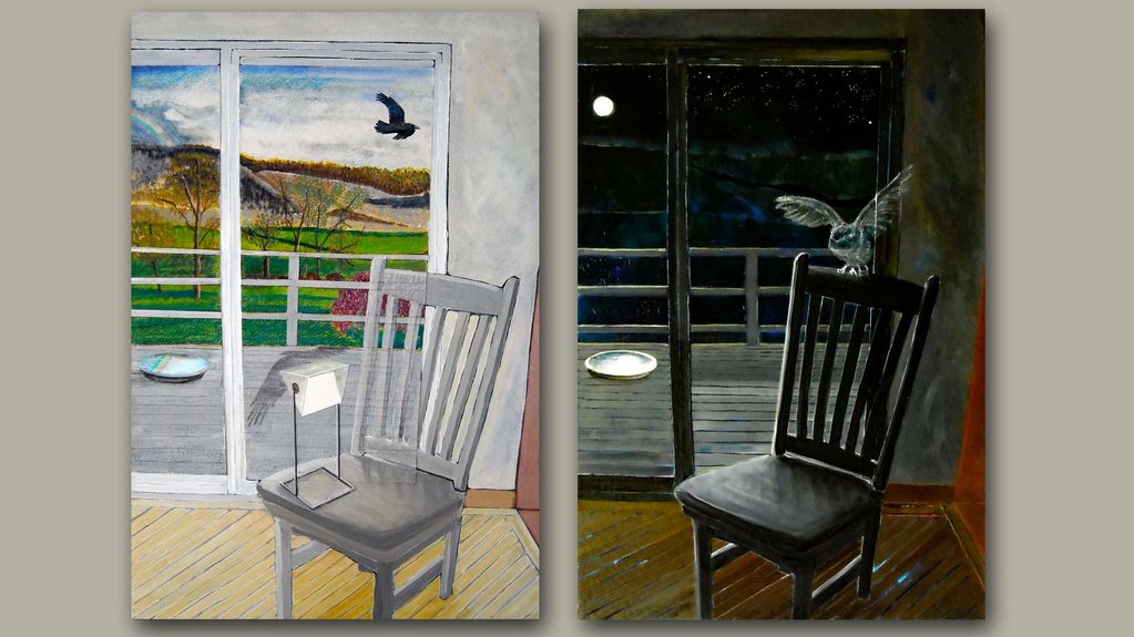 NOCTURNE: oil paint, acrylic and wax on paper and canvas
TWO CROWS CIRCLING: oil paint, oil pastel a