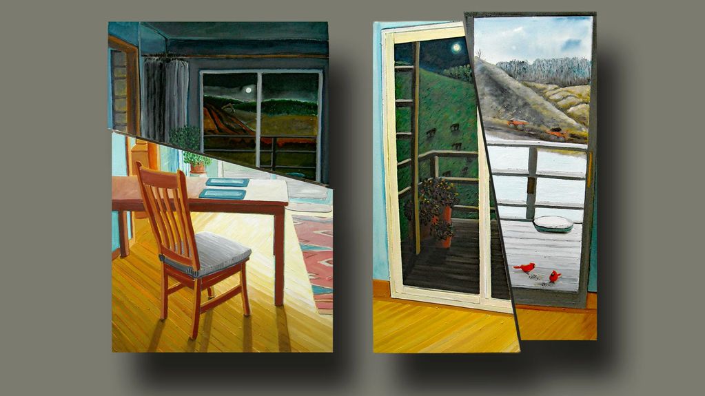 Midnight at Noon: oil paint on wood panel,  30” x  21” x 1.25” 
Summer Into Winter:  oil paint on wo