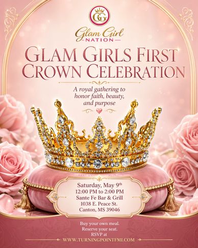 Elegant invitation for Glam Girls First Crown Celebration honoring faith, beauty, and purpose.