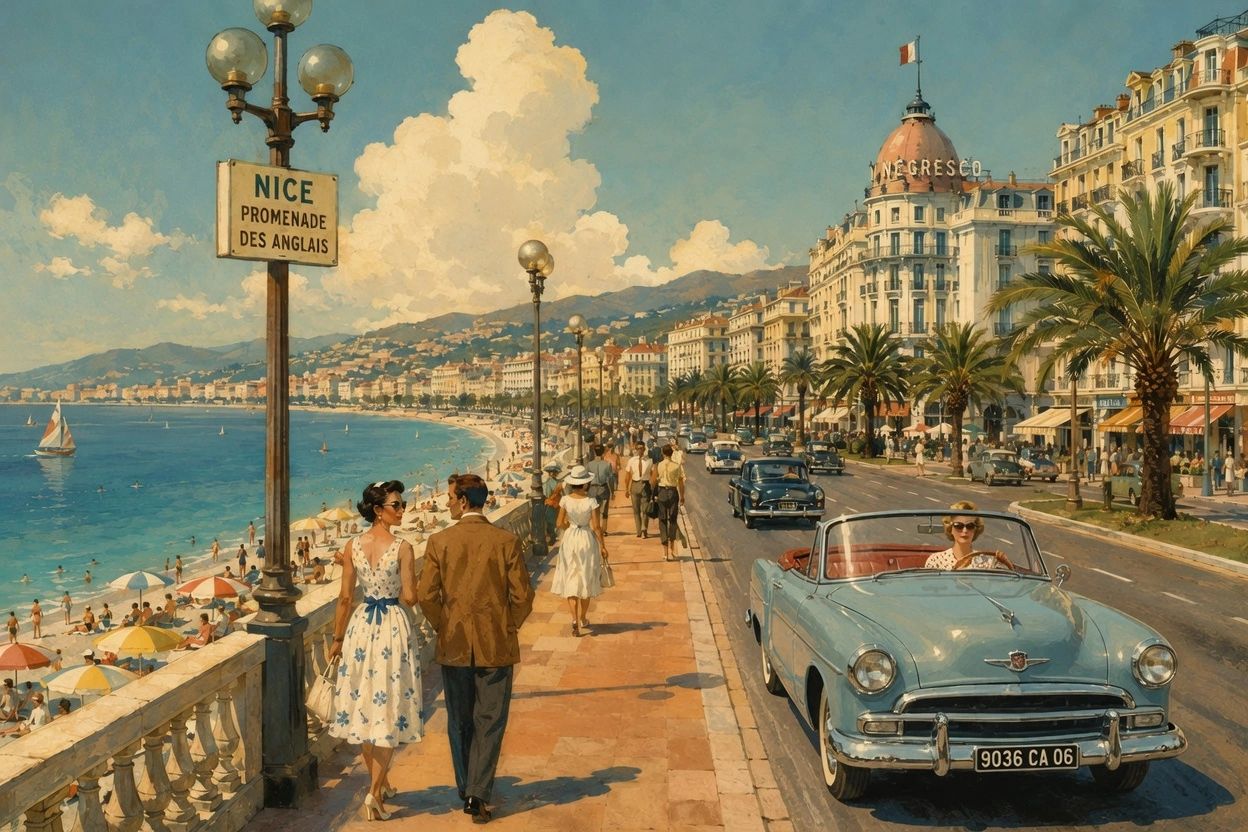 1960s style promenade in Nice, France with vintage cars and people.