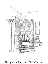 Study - freehand interior perspective sketch, pen