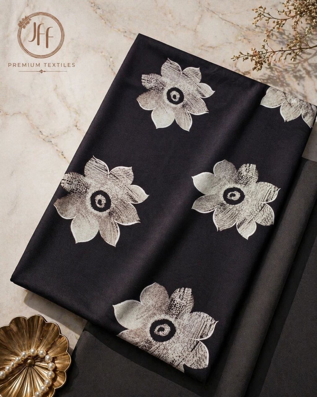 Black fabric with white floral prints, styled elegantly with a pearl necklace and golden dish.