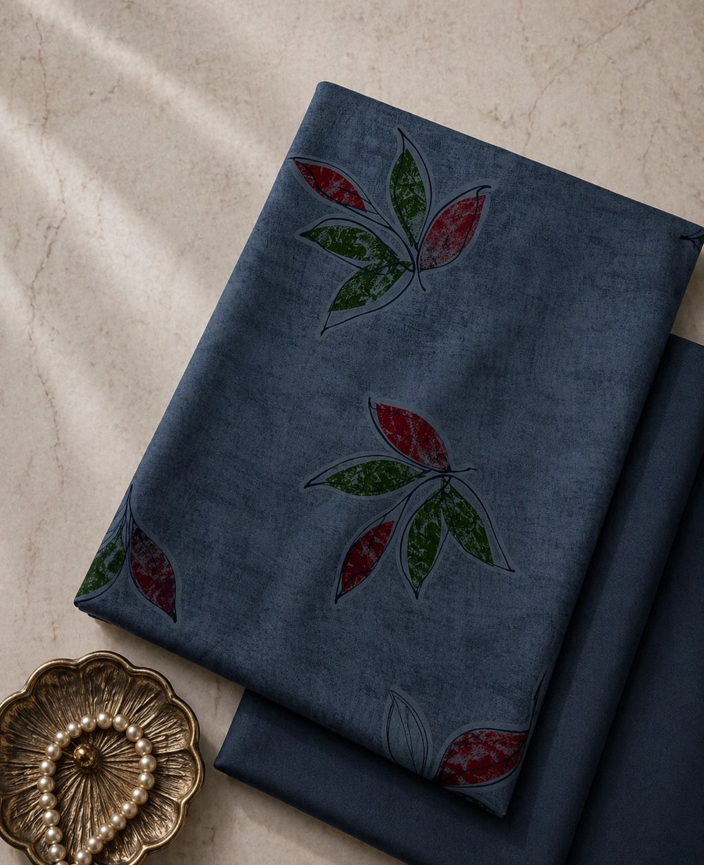 Folded dark blue fabric with red and green leaf designs on a marble surface.