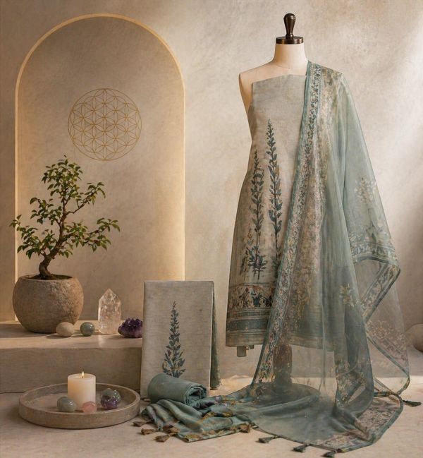 Elegant traditional outfit with floral motifs displayed on a mannequin, surrounded by serene decor.