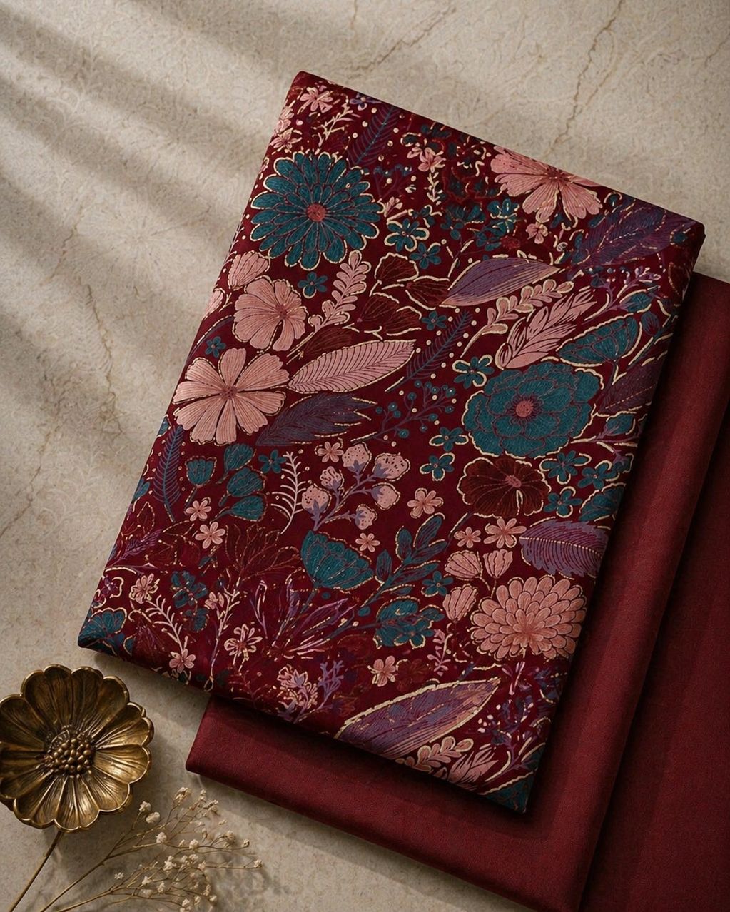 Elegant maroon fabric with intricate floral patterns and solid maroon cloth beneath.