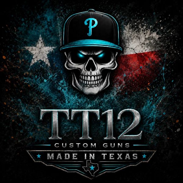 A skull with glowing eyes wearing a cap over a Texas flag background with custom guns branding.