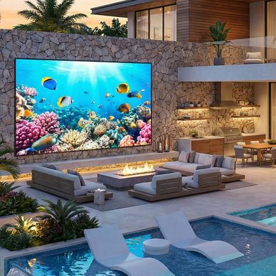 Outdoor LED screen in a luxury residential backyard with a fire pit, patio furniture, pool, & sunset