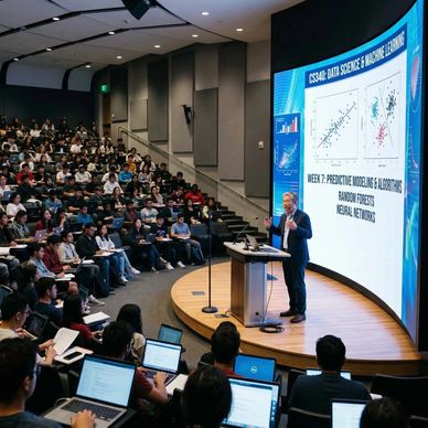 Stadium seating lecture with students. Professor with a lectern, standing in front of an LED display