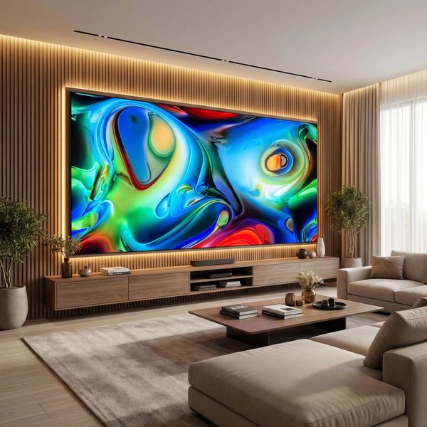 Modern living room with a large vibrant abstract digital artwork and warm wooden accents.