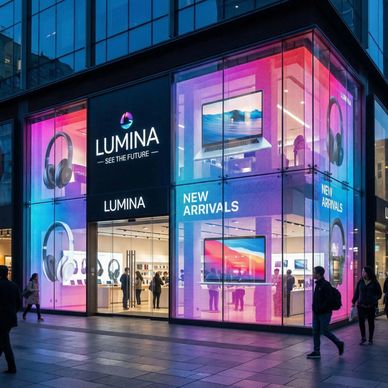 Retail storefront with transparent LED displays in the windows allow you to see branding and inside