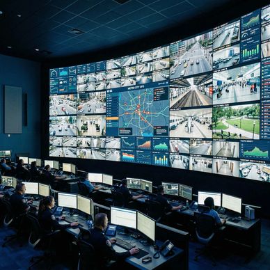 Security control command center with multiple workstations and large centralized video wall display