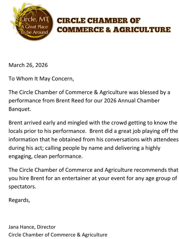 A recommendation letter from Circle Chamber of Commerce &amp; Agriculture for Brent Reed's performance.