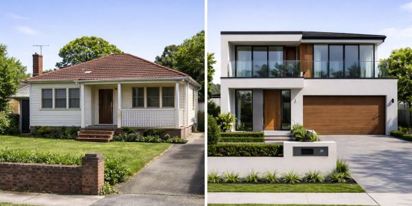 Before and after images of a house renovation.