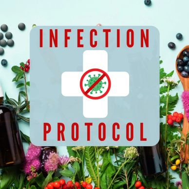 Infection protocol sign over a background of natural herbs and berries.