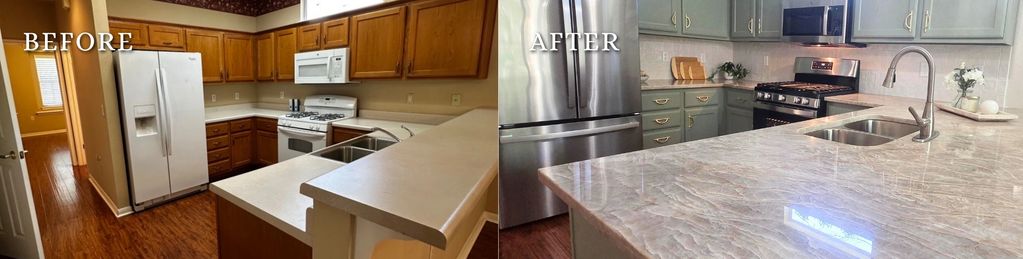 Kitchen transformation from outdated to modern and stylish.