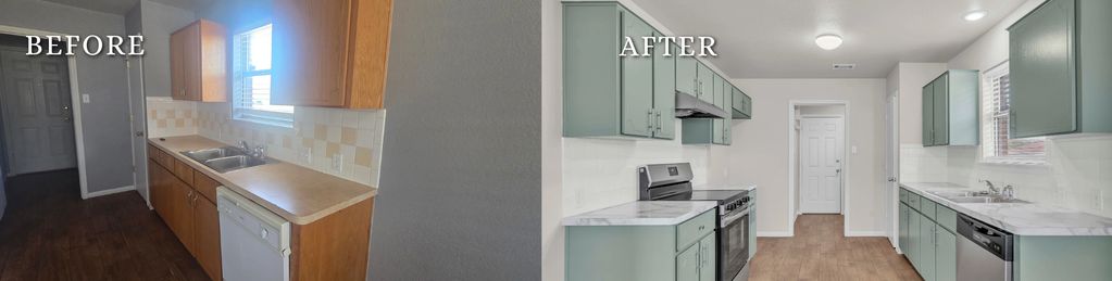 Side-by-side kitchen renovation before and after images.