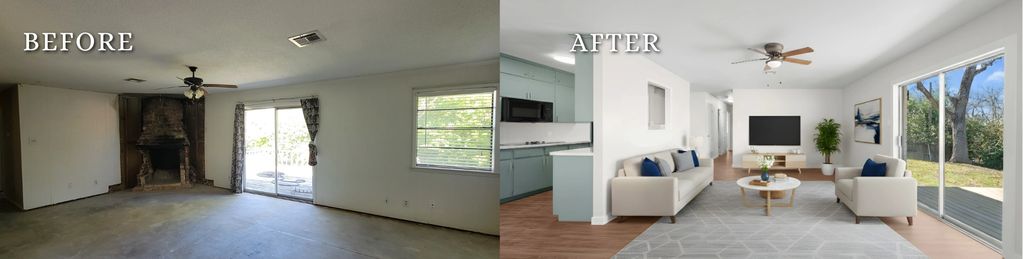 Living room before and after renovation.