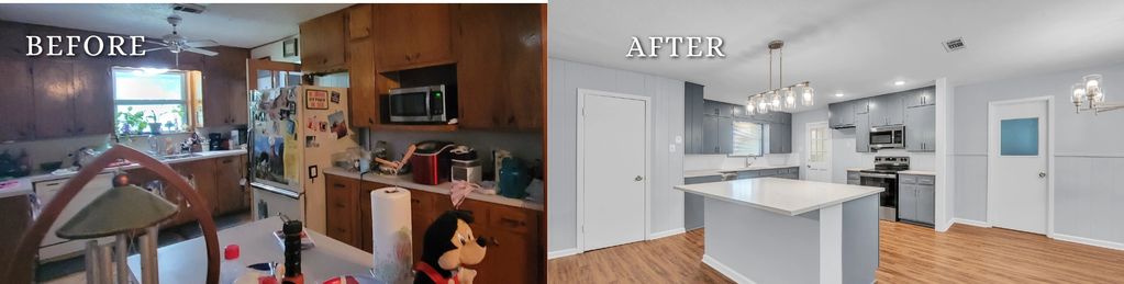 Kitchen renovation showing before and after transformation.