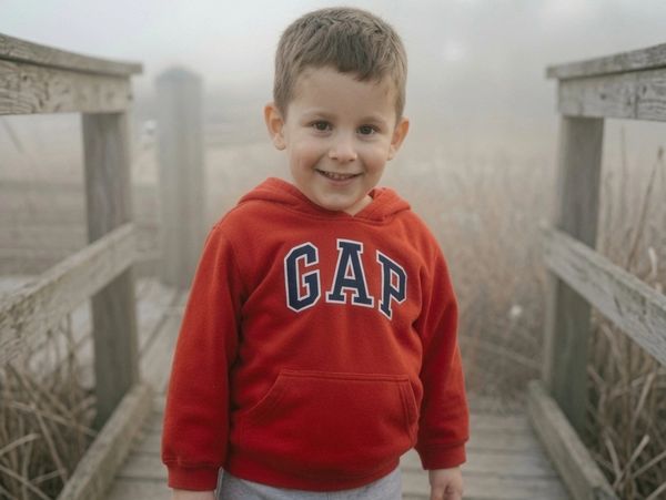 A young boy in a red GAP hoodie standing on a wooden bridge outdoors.