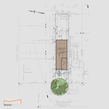 Architectural site plan showing plot layout with dimensions and landscaping.