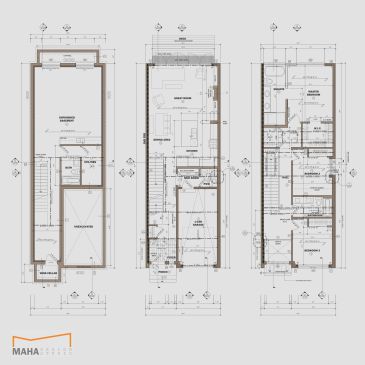 Floor plans of a three-story building with dimensions and room labels.