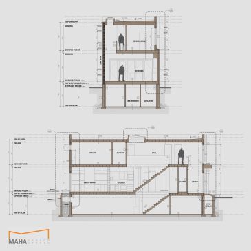 Architectural cross-section drawing of a multi-story residential building.