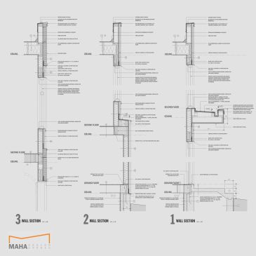 Architectural wall section details with technical notes and measurements.