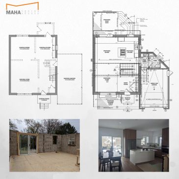 House architectural plans with construction progress and finished kitchen interior.