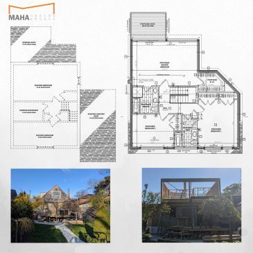 Floor plans and photos of a house's exterior and backyard.