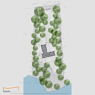 Landscape plan with a house, trees, and water body.