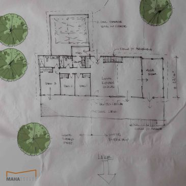 Architectural floor plan sketch with labeled rooms and trees.