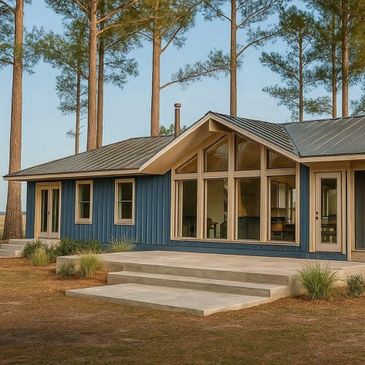 Blue modern house with large windows and trees around.
