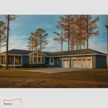 Modern one-story house with a large garage and tall pine trees.