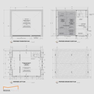 Architectural blueprint showing foundation, ground floor, loft, and roof plans.