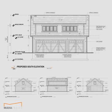 Architectural elevation drawing of a building's south side with measurements.