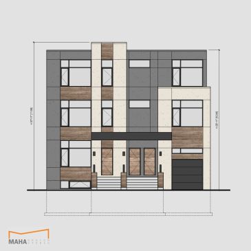 Modern three-story house facade with gray, white, and wooden accents.