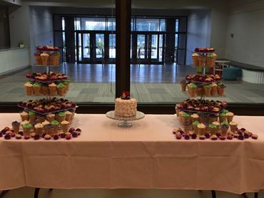 Wedding cake, assorted wedding cupcake and cake ball display 