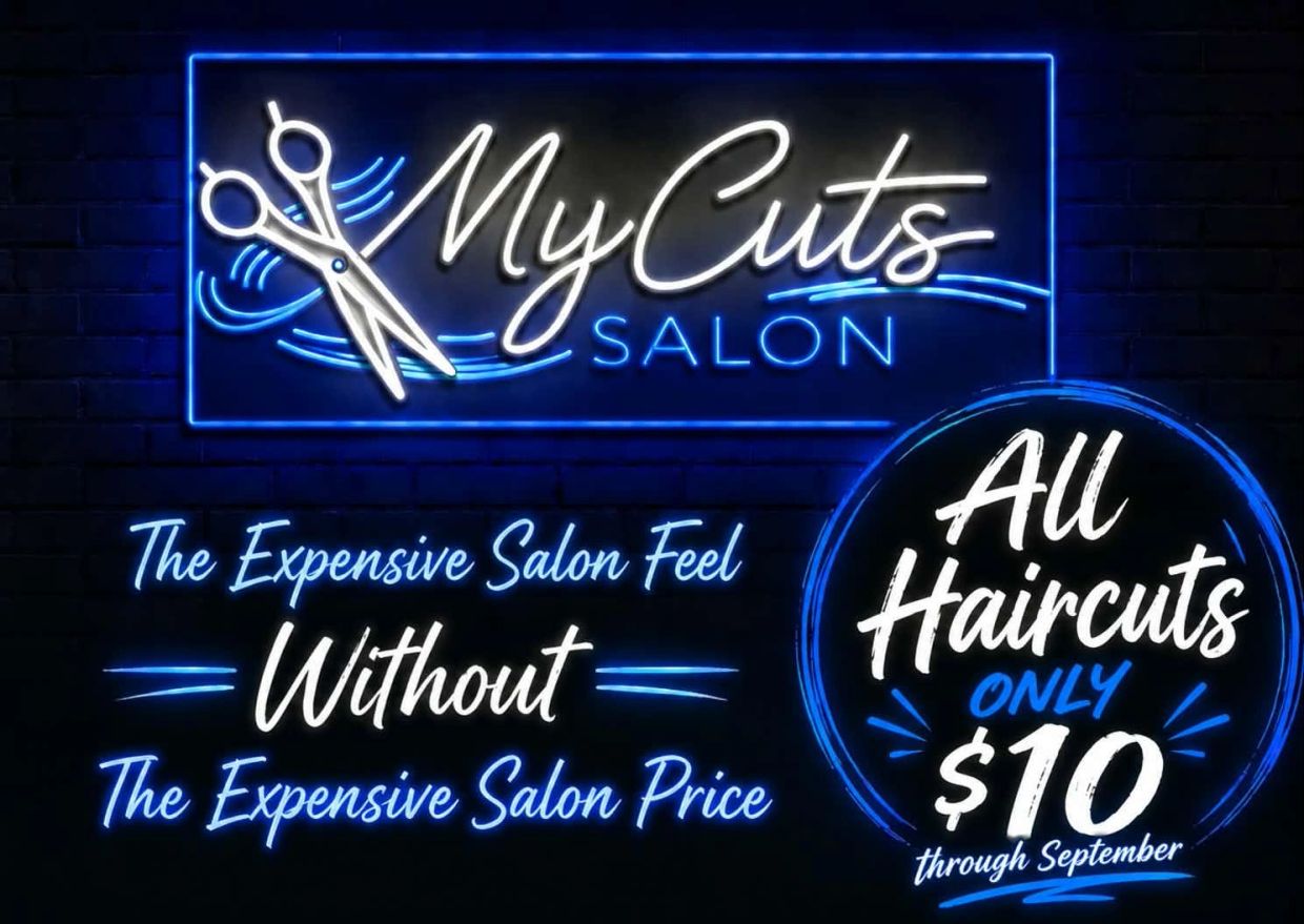 Neon sign for My Cuts Salon offering $10 haircuts.