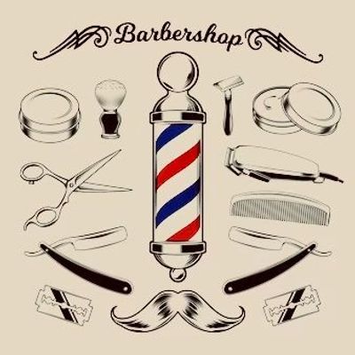 Vintage barbershop tools with iconic red, white, and blue pole.