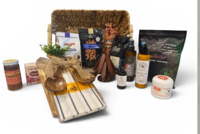 Basket with assorted natural and wellness products.