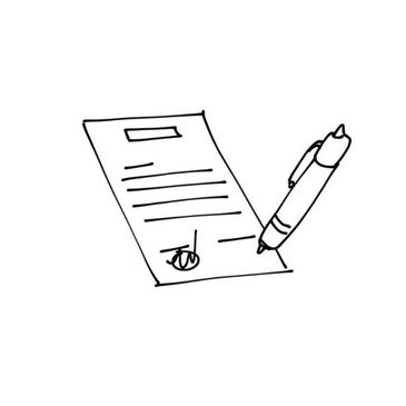Drawing of a pen signing a document.