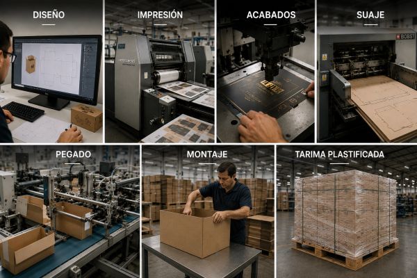 Proceso completo de fabricación y embalaje de cajas.