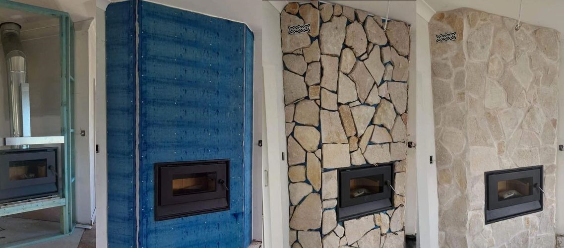 Four-stage transformation of a fireplace from framing to finished stone facade.