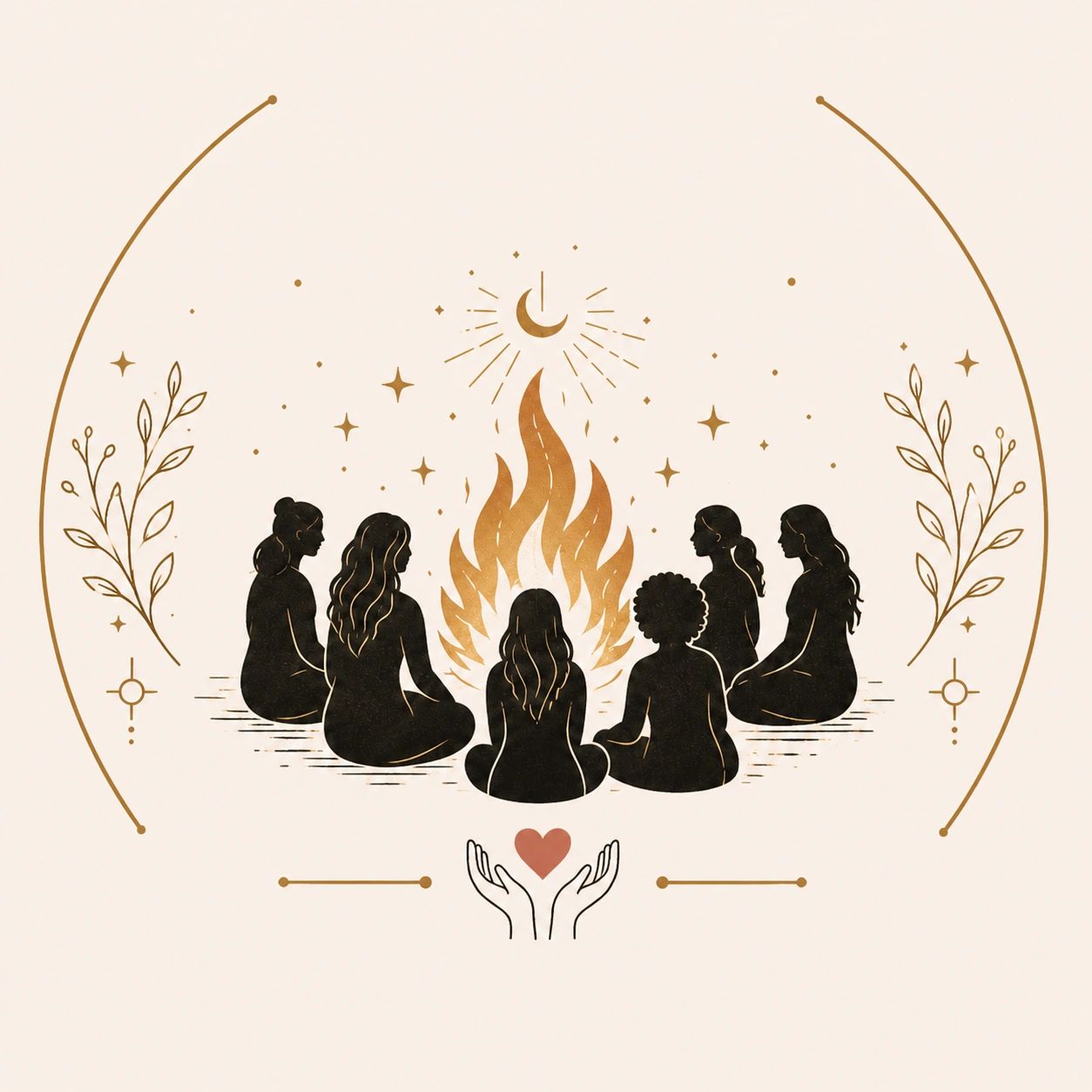 Group of women surrounding a ground campfire happily sharing energy & wishes under the moon & stars