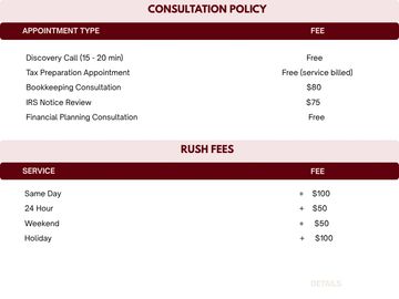 Consultation and rush fee policy listing various charges.