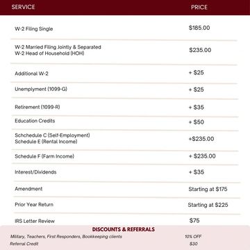 Tax service pricing list with discounts and referral offers.