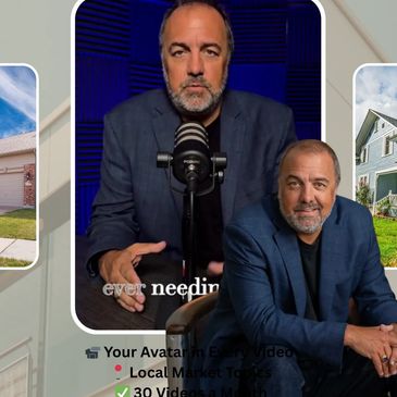 Man promoting AI video creation service for real estate marketing.