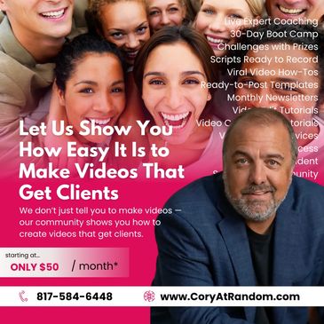 Smiling people and a man promoting video-making coaching starting at $50/month.