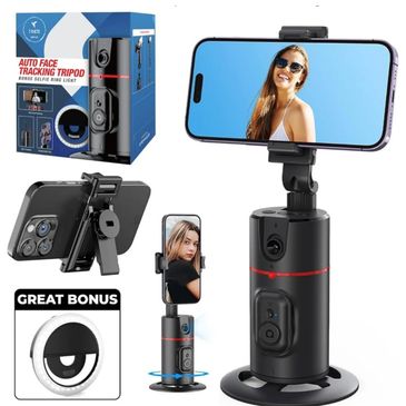 Auto face tracking tripod with bonus selfie ring light for hands-free phone recording.