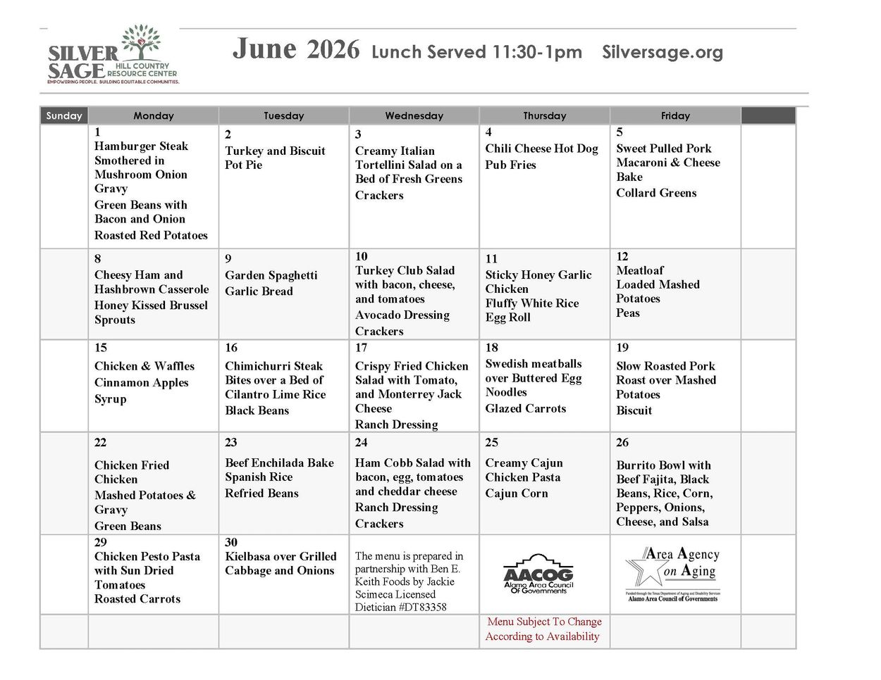 June 2026 lunch menu at Silver Sage Hill Country Resource Center with daily meal options.
